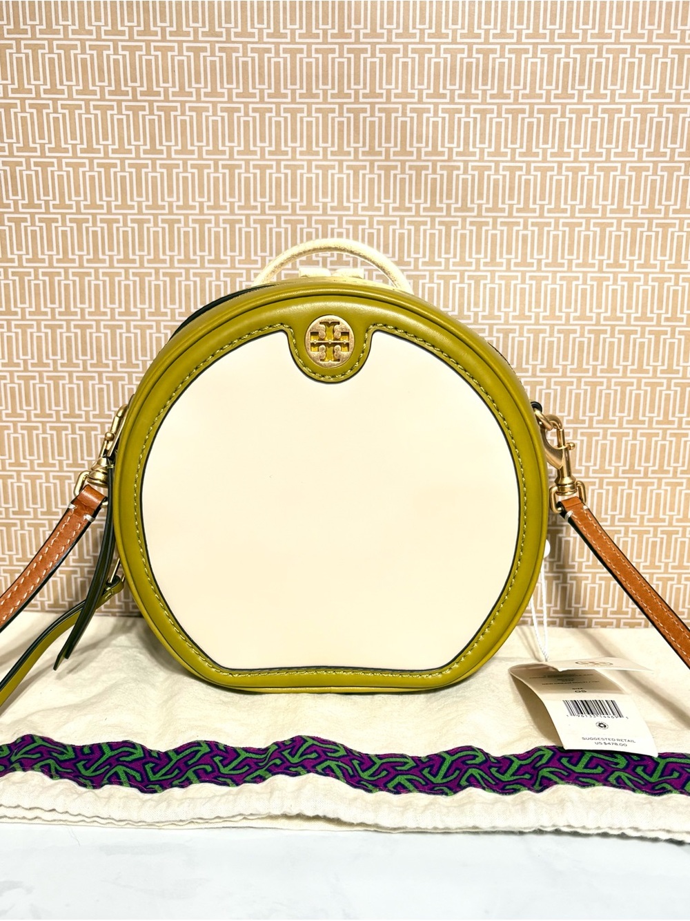 Tory Burch Cream and Olive Round Leather Crossbody with Gold Logo